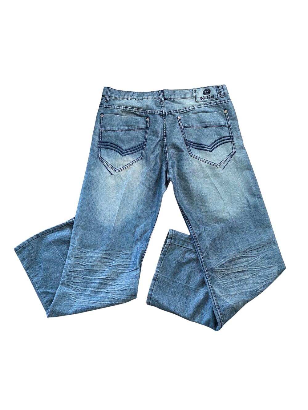 Old Skool Y2K Baggy Jeans Mens 38 Skater Grunge Straight Leg Whiskered Faded